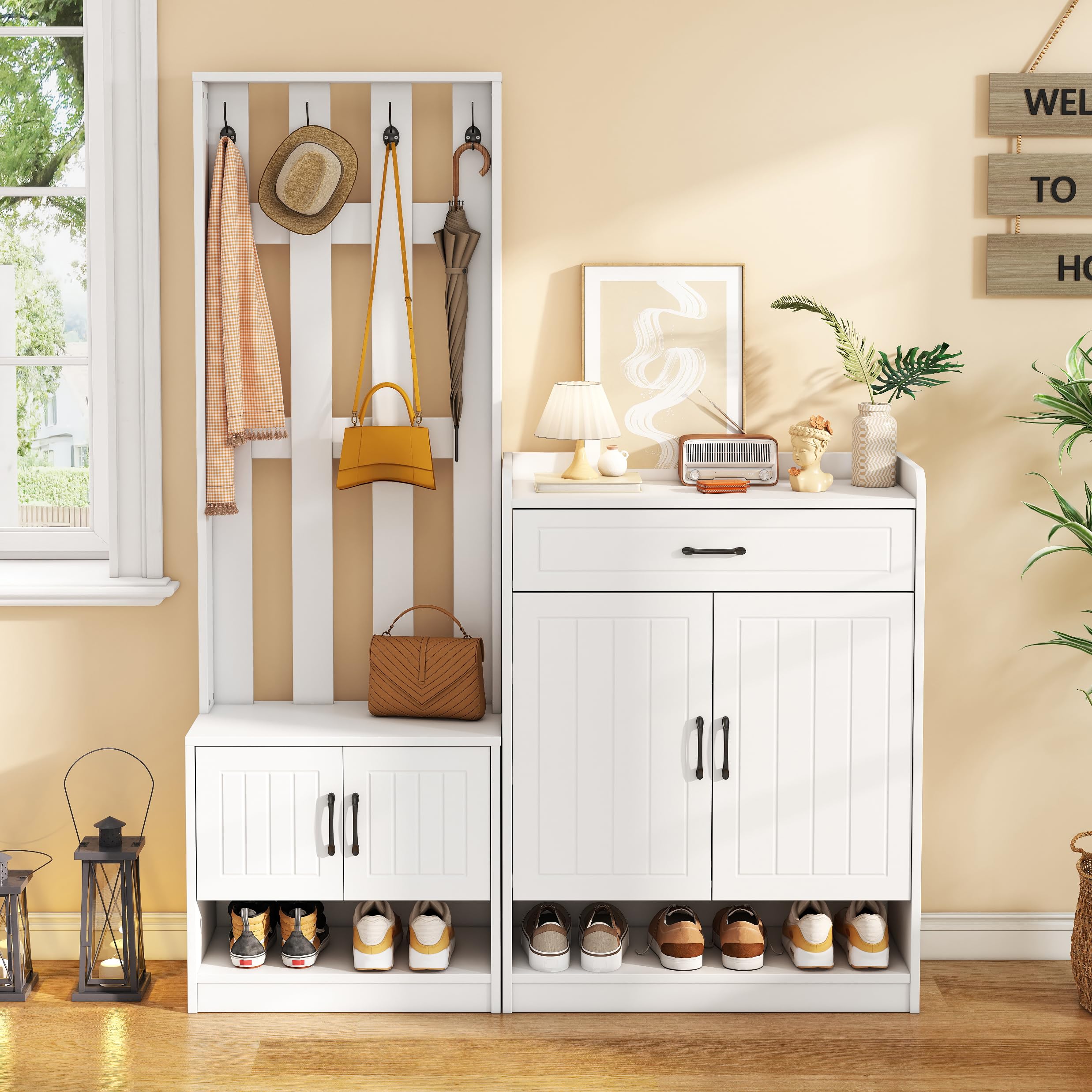Garderobenset Wandgarderobe, Garderoben Set mit Schuhbank und Wandpaneelen, Garderobenständer, Flurgarderobe Set mit Schubladen und Türen, Flurtrockenständer, Weiß Flurmöbel 140.6x32x180 cm