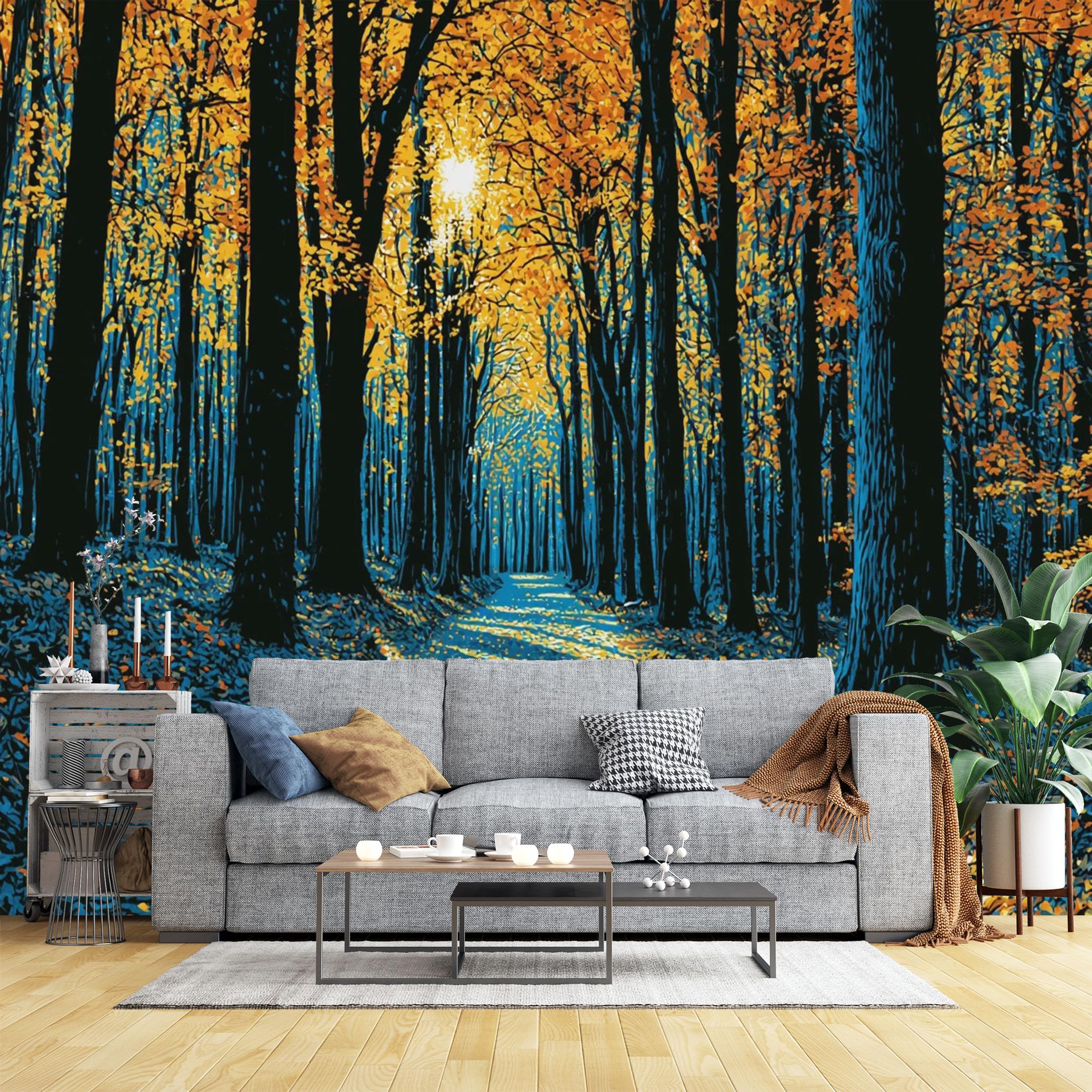 Custom Size Wall Murals Autumn Forest Path in Sunlight Wall Murals Nature Painting Wallpaper, Full Wall Self-Adhesive Removable Wallpaper for Living Room