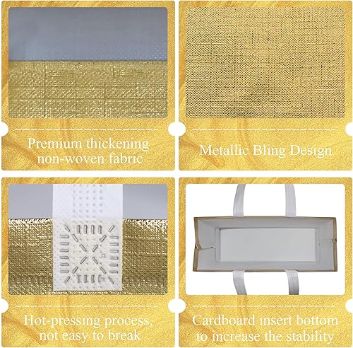 Miniatura 3 de cabzymx 16 bolsas de regalo reutilizables de color dorado brillante, bolsas de regalo de vacaciones con asas y bases, bolsa de regalo no tejida a