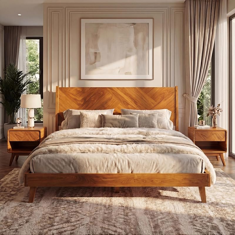 Gazelle King Size, Acacia Wood Bed-frames with Tilted Headboard, Caramel