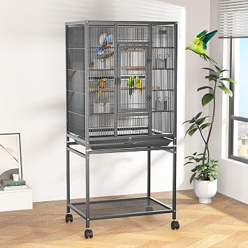 54 Large Bird Cage with Wheels, Durable Wrought Iron Parakeet Cage with Slide Out Tray, Black Bird Cages with Feeding Cups, Wooden Platform, Swing & Perches, for Lovebird, Cockatiels, Budgies