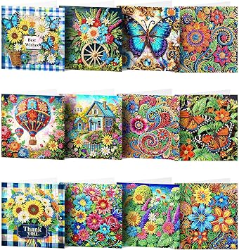 LUSandy 12 Packs DIY 5D Diamond Painting Greeting Cards Kits for Adults Flowers Butterfly Balloon Diamond Art Thank You Cards with Envelopes Floral Cards Gem Art Gifts for Women, Men, Mom, Grandma