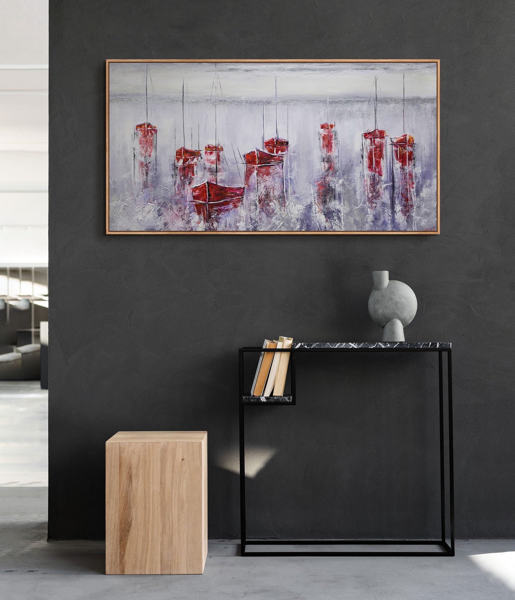 YS Tableau peinte à la main Un port tranquille Toile abstraite moderne voiliers rouges paysage marin brumeux Surface texturée avec cadre 160x80 cm