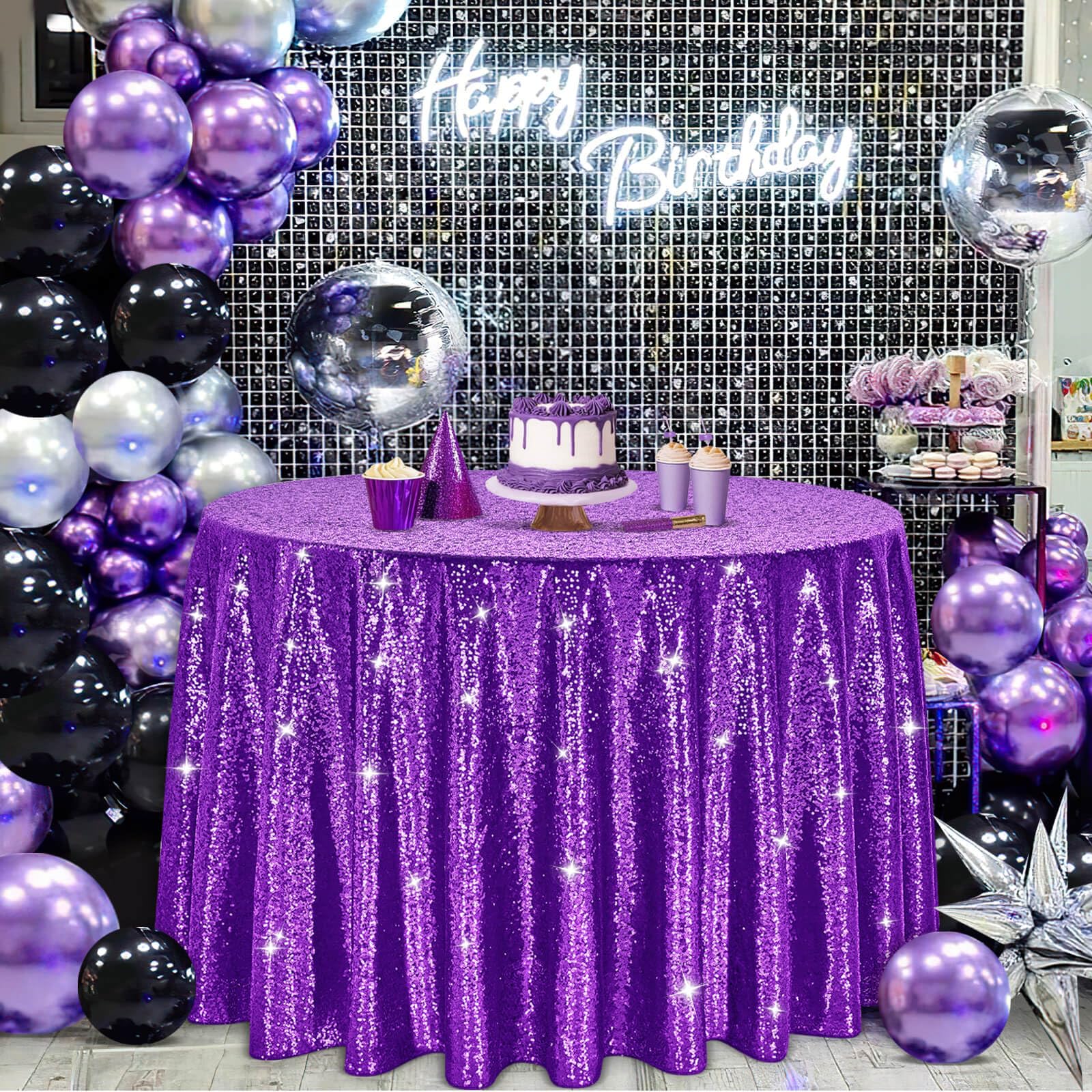 B-COOL Sequin Tablecloth Round Party Decorations Purple Table Cloth