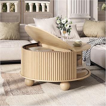 JOINICE 31.5" Coffee Table with Storage for Living Room, Oak Round