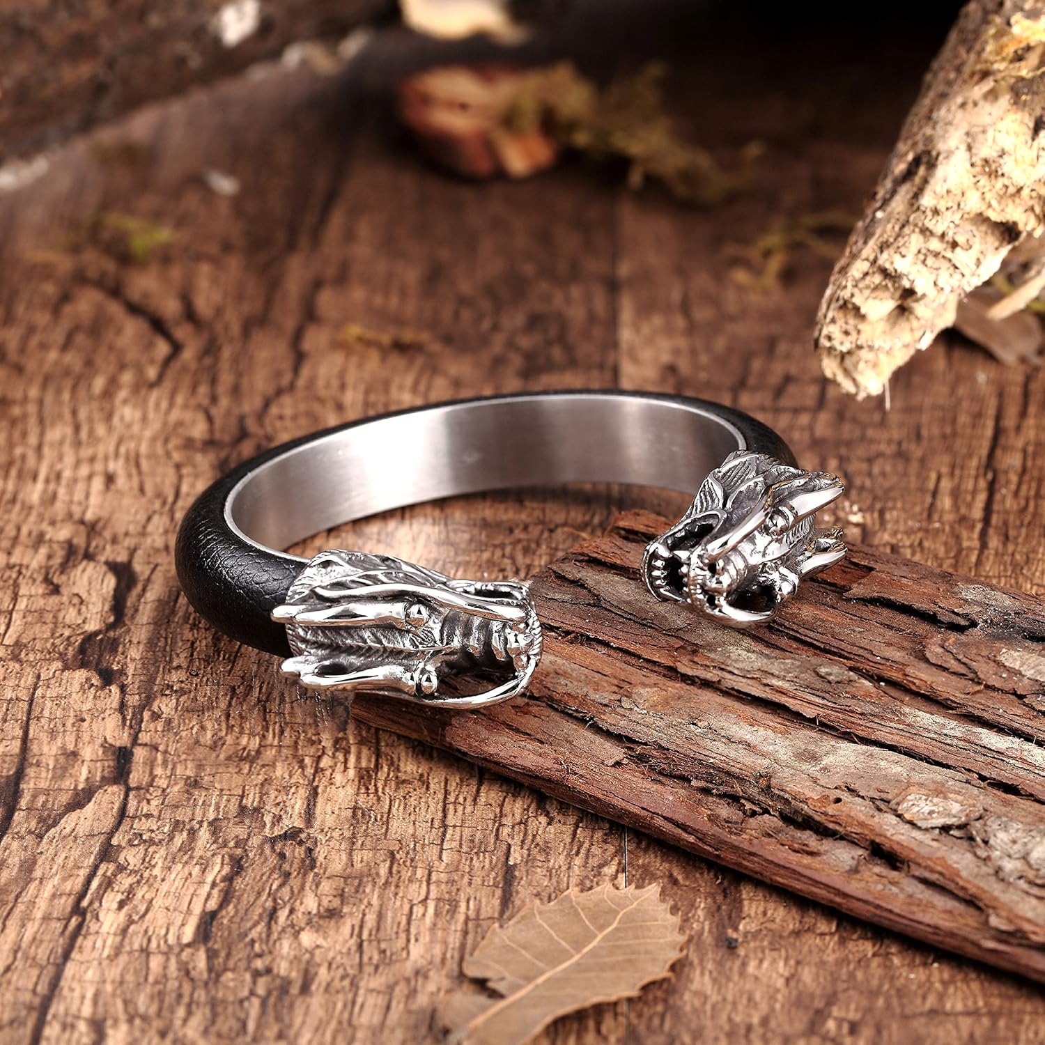 Classy Men’s Bracelet – Chinese Dragon’s Head Adornment – Black & Polished Silver Color Band – Made of Genuine Leather & Rust Resistant Stainless Steel – Jewelry Gift or Accessory for Men - Image 5