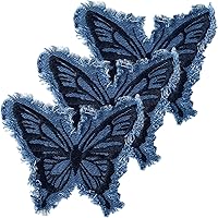 Hzopcw 3pcs Blue Denim Butterfly Iron-On Patches with Fringe - Retro Embroidered Appliques for Jeans, Jackets, Bags, Hats & Shoes