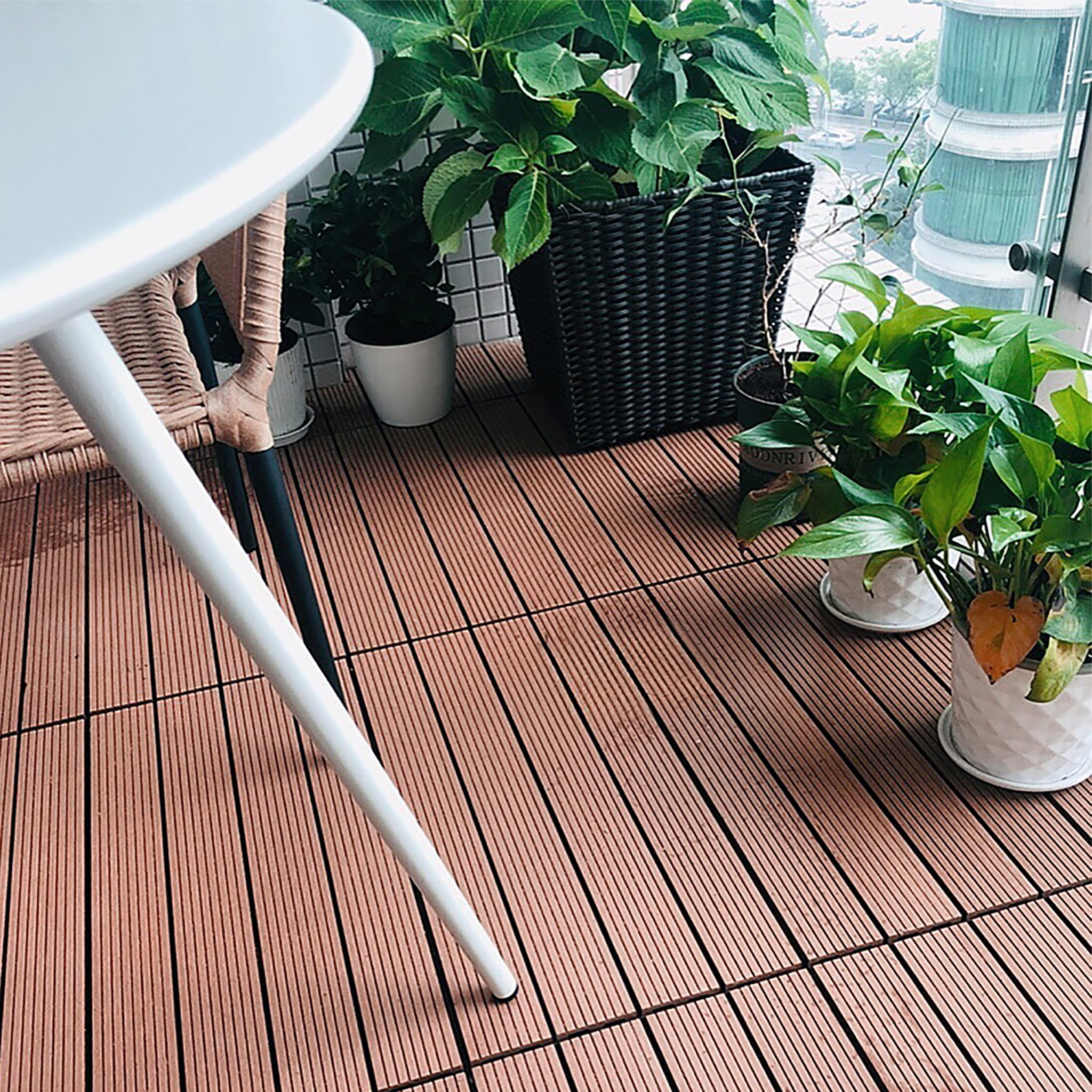 UISEBRT 6 sztuk płytek balkonowych, WPC (PC), płytki tarasowe, wygląd drewna, płytki balkonowe, system klik, do ogrodu, na balkon, taras (30 x 60 cm, brązowe)