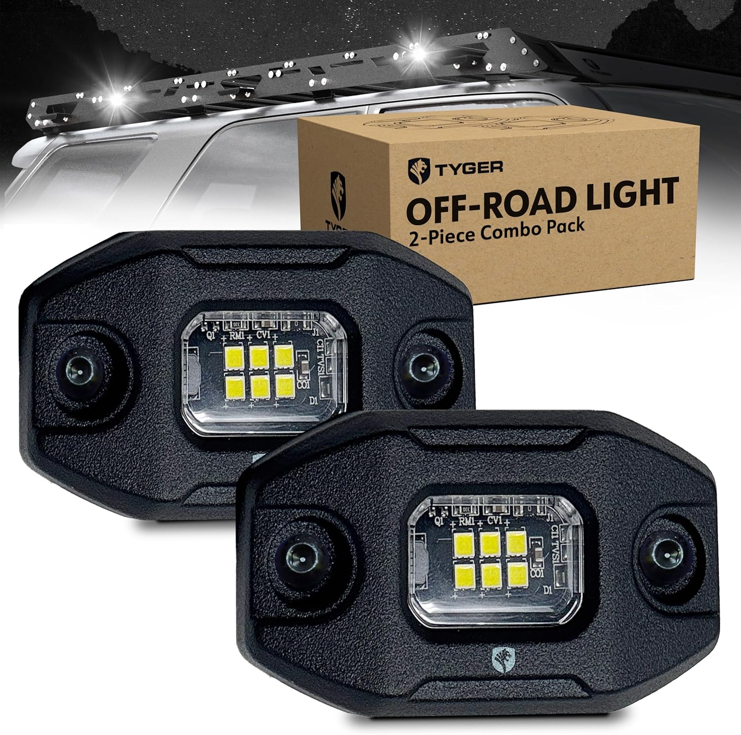 Tyger Auto Off-Road Vehicle Rack LED Flood Light Pods | 2-Pack | 6500K Day White | Wire to 12V or 24V | 9W Each | IP68 / IP69K Waterproof | Flat or 30 Degrees Tilt | Trucks SUV ATV UTV | TG-LT2U3338