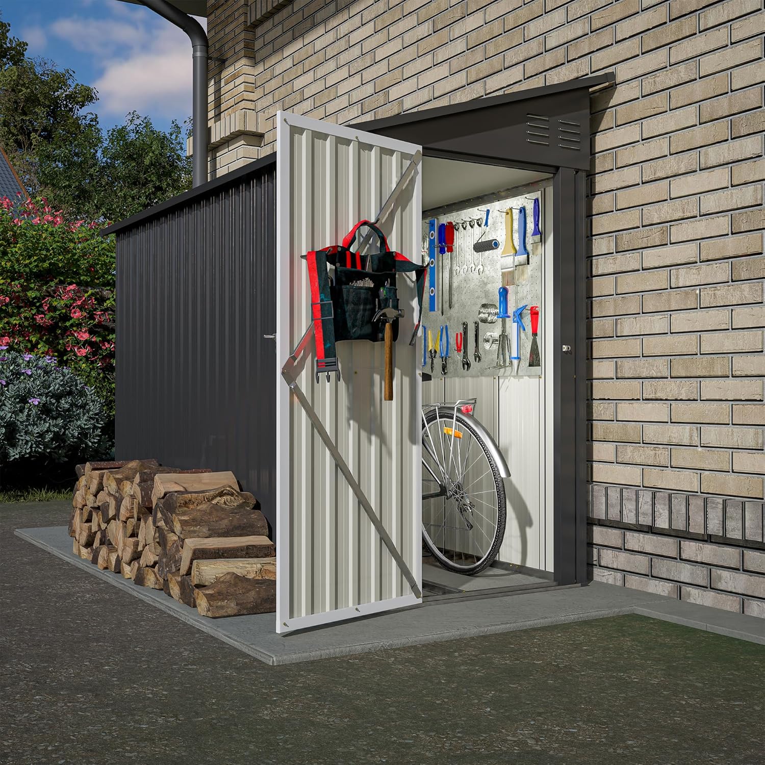 Interior view of the LZBEITEM 4x8 FT Black Outdoor Metal Storage Shed, showing a bicycle and various tools stored neatly.