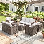 Ensemble de meubles de patio en osier 6 pièces Outsunny avec coussins, ensemble de canapé de patio en rotin 7 places avec table basse de rangement et table d'appoint, ensemble de meubles d'extérieur sectionnels, blanc crème