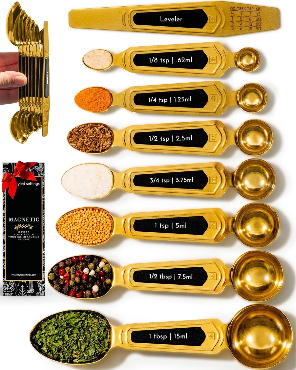 Gold Magnetic Measuring Spoons with Leveler - Featuring 8-Piece Upgraded Style, Dual-Sided, Stackable, Stainless Steel Gold Measuring Spoons Set - Fits in Spice Jars, Luxury Kitchen Accessories - Thumbnail 2