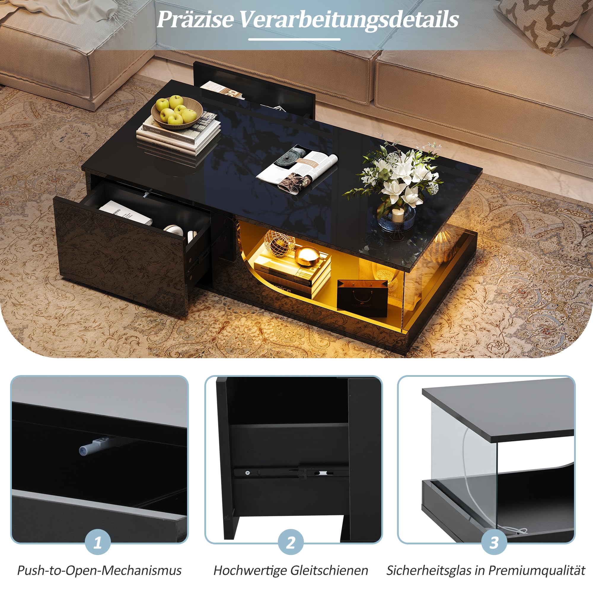 Merax Table Basse LED avec 2 tiroirs, Table de Salon Haute Brillance avec Plateau en Verre trempé, Table de café Moderne avec éclairage RGB contrôlé par Application, Couleur Noire,100×50x30 cm