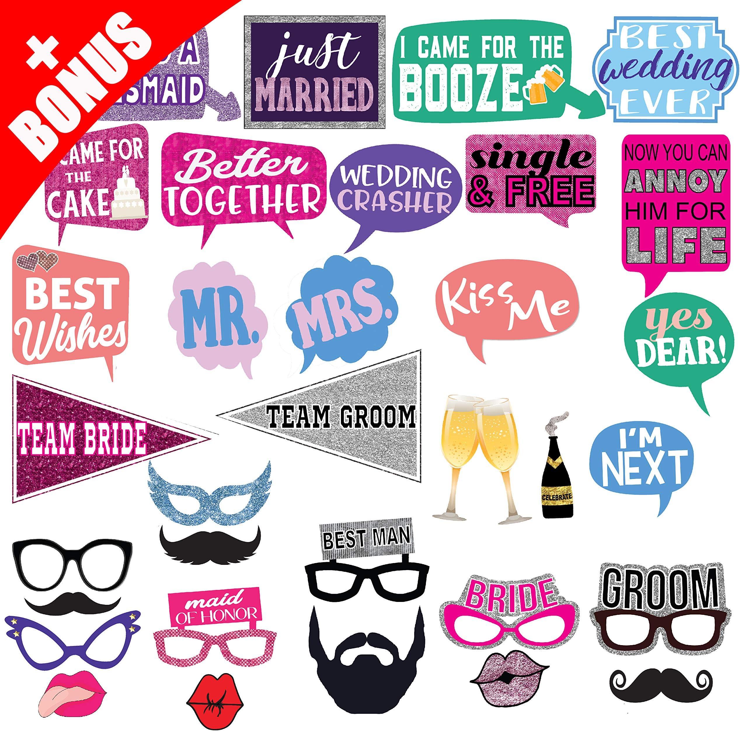 New Deluxe 33 Wedding Photo Booth Props Kit, Extra Extra Large, Fun, Unique, Memorable Designs, Bridal Party Supplies, Strong Bamboo Stick Sturdy Cardstock, Funny, Clever Signs by FunPartyProps