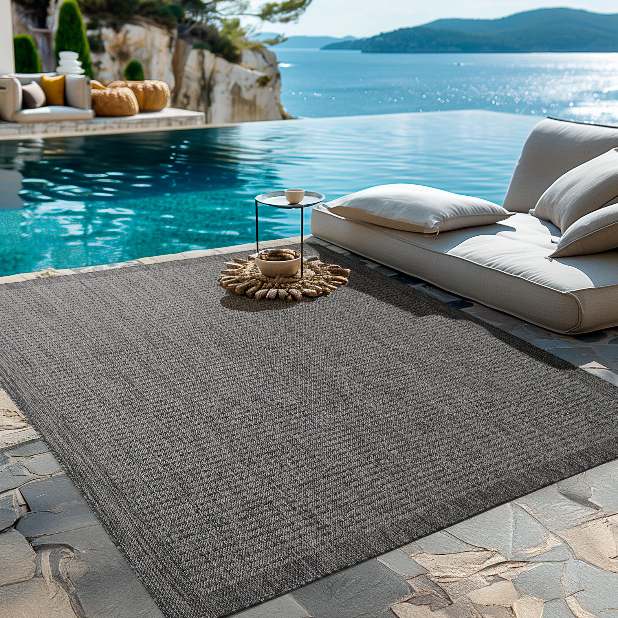Homebyhome Outdoor-Teppich Flachgewebe Wetterfest Einfarbig Küchenteppich Balkon Terrassen Garten Wohnzimmer Teppich