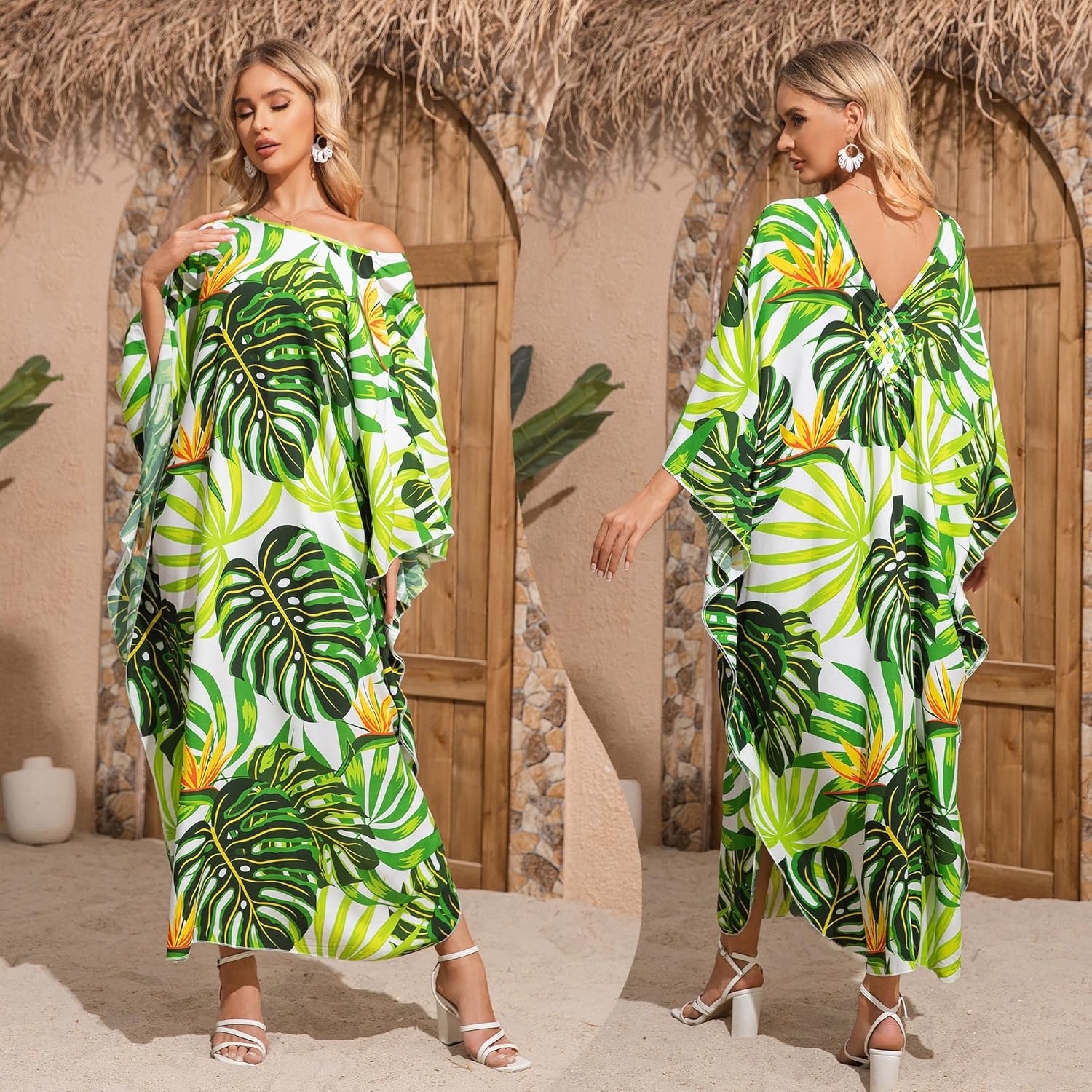 Kaftan Dresses Colorful Floral Print Cover Ups Maxi Beach Cover Ups V Neck Batwing Sleeve for Women Swimwear - Image 3