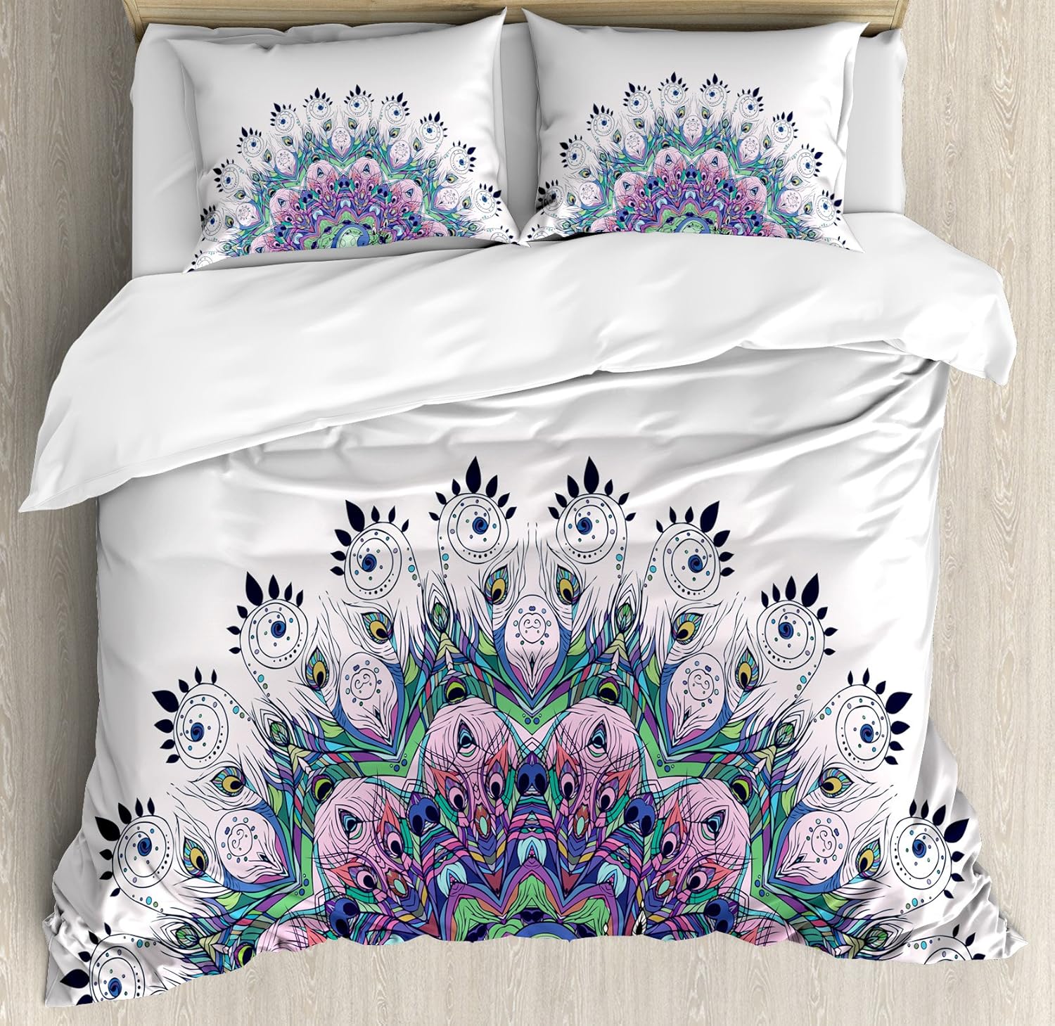 Ambesonne Peacock Duvet Cover Set, Peacock Illustration Exotic Wildlife Feather Ornament Vintage Oriental, Decorative 3 Piece Bedding Set with 2 Pillow Shams, Queen Size, Violet Blue Green Pink