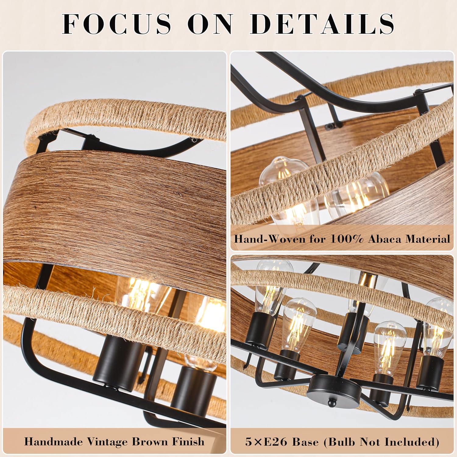 5-Light Farmhouse Chandelier 23.6" Wood Texture Woven Rattan Chandeliers
