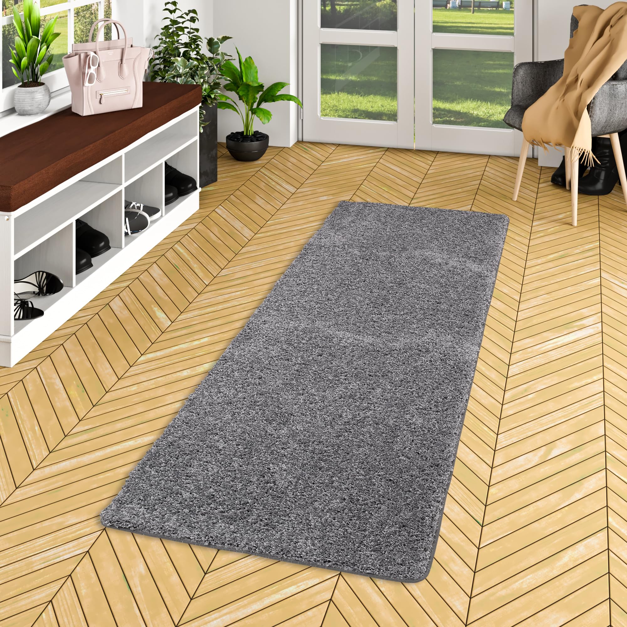 Tapis couloir shaggy Milano gris - 100% polypropylène, poil 43 mm, doux et facile à entretenir, sans substances nocives, idéal pour couloir, cuisine ou chambre, maison cosy, moderne et durable