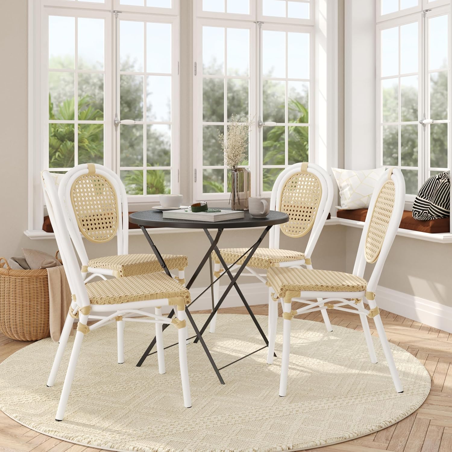 Flash Furniture Cannes Indoor/Outdoor Commercial Thonet French Bistro Stack Chair - Natural PE Cane Rattan Back and Seat - White Metal Frame - Set of 4