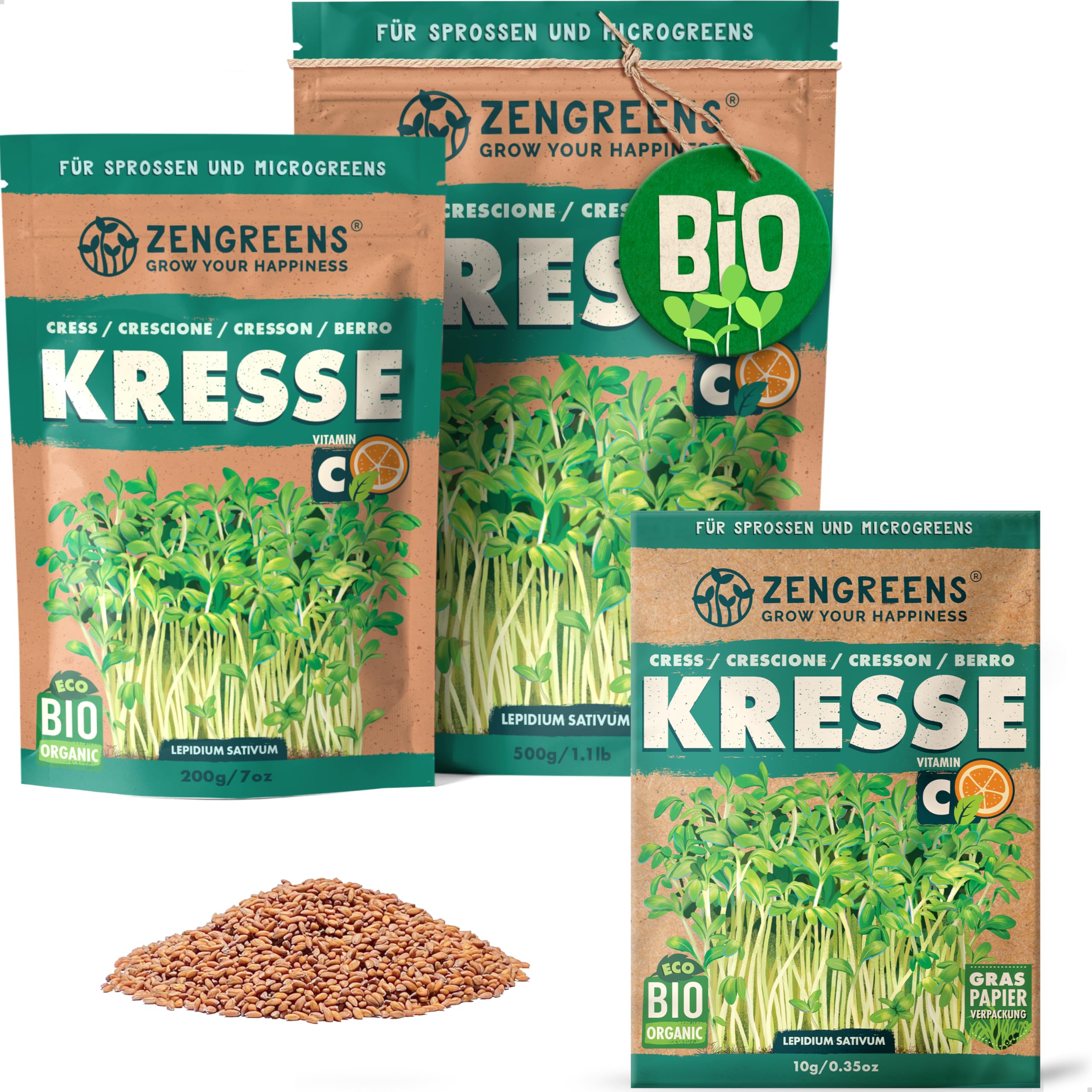 ZenGreens® - Bio Kresse Sprossen Samen - Wähle zwischen 10g, 200g und 500g - Kresse Samen - Keimrate von über 96% - Bio Saatgut zum Keimsprossen ziehen - wiederverschließbare Verpackung