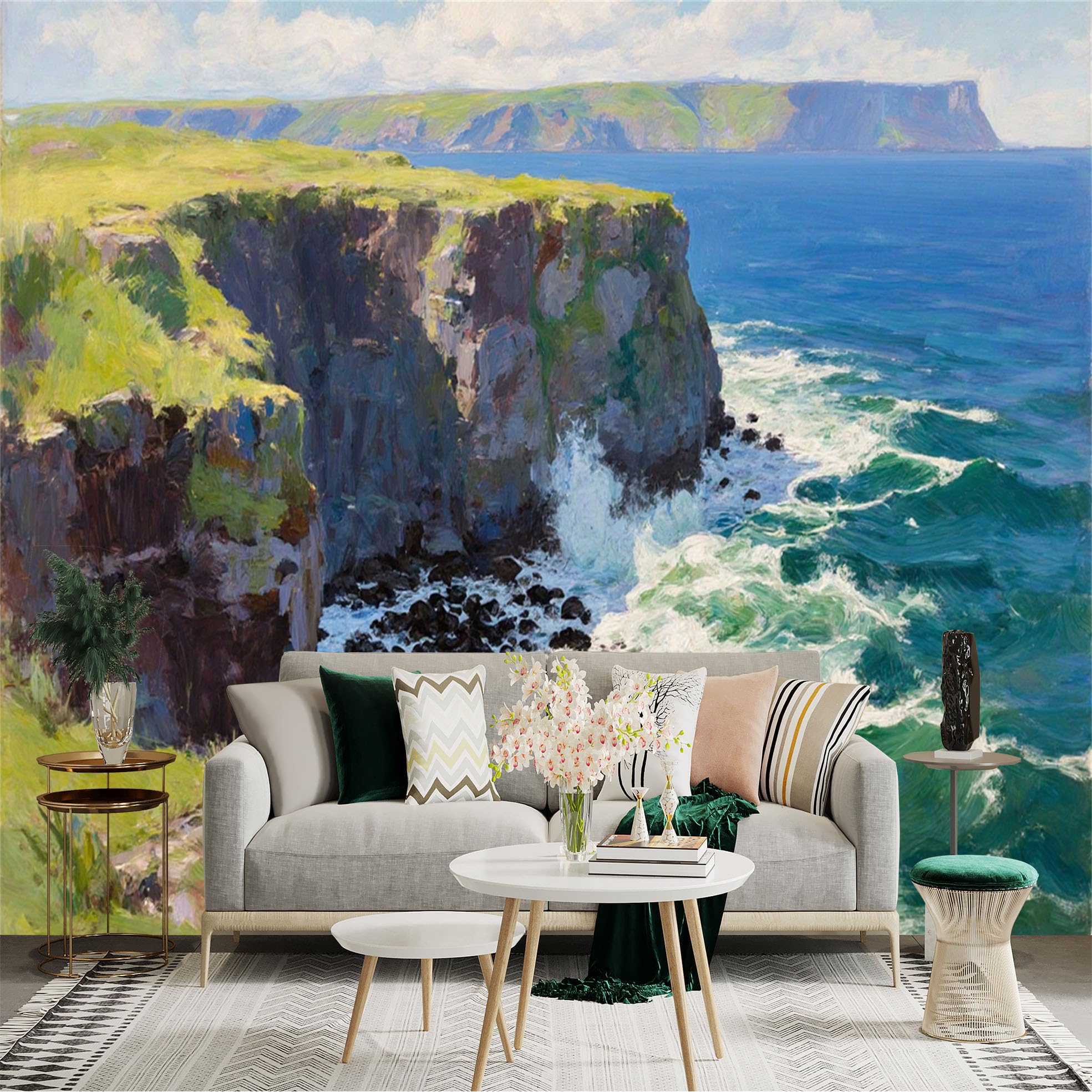 Lnzczhyre Xc260505506 Custom Size Wall Sticker Mural， Coastal Cliff Scenery， Crashing Ocean Waves， Green Rocky Shoreline， Blue Sea View， For Wall Decoration， Peelandstick Wall Decals.