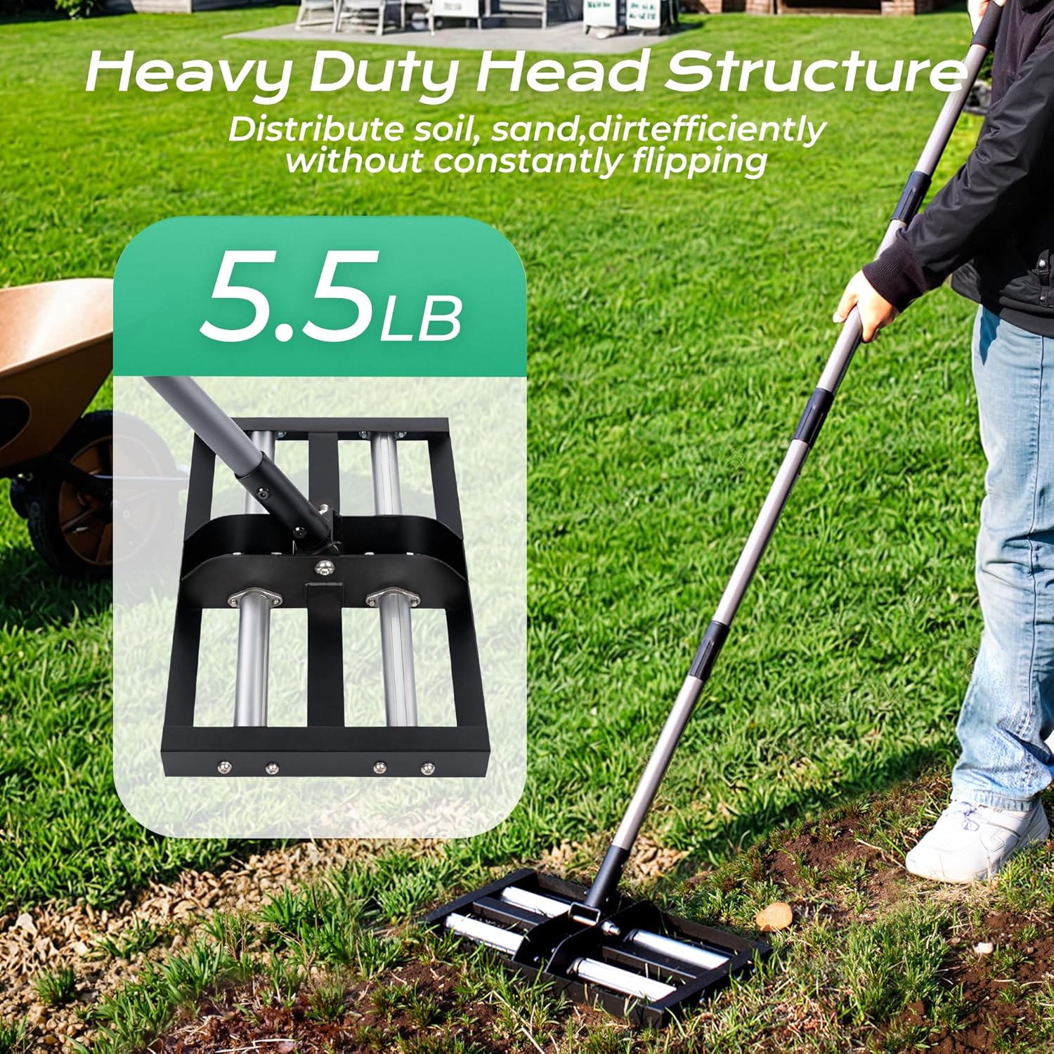 Suchtale Lawn Leveling Rake with Aluminum Rollers, 17"x10" Levelawn Tool, Heavy-Duty Stainless Steel Lawn Leveler with 61" Adjustable Long Handle, Lawn Leveler for Smooth Soil,Garden,Golf Course,Farm