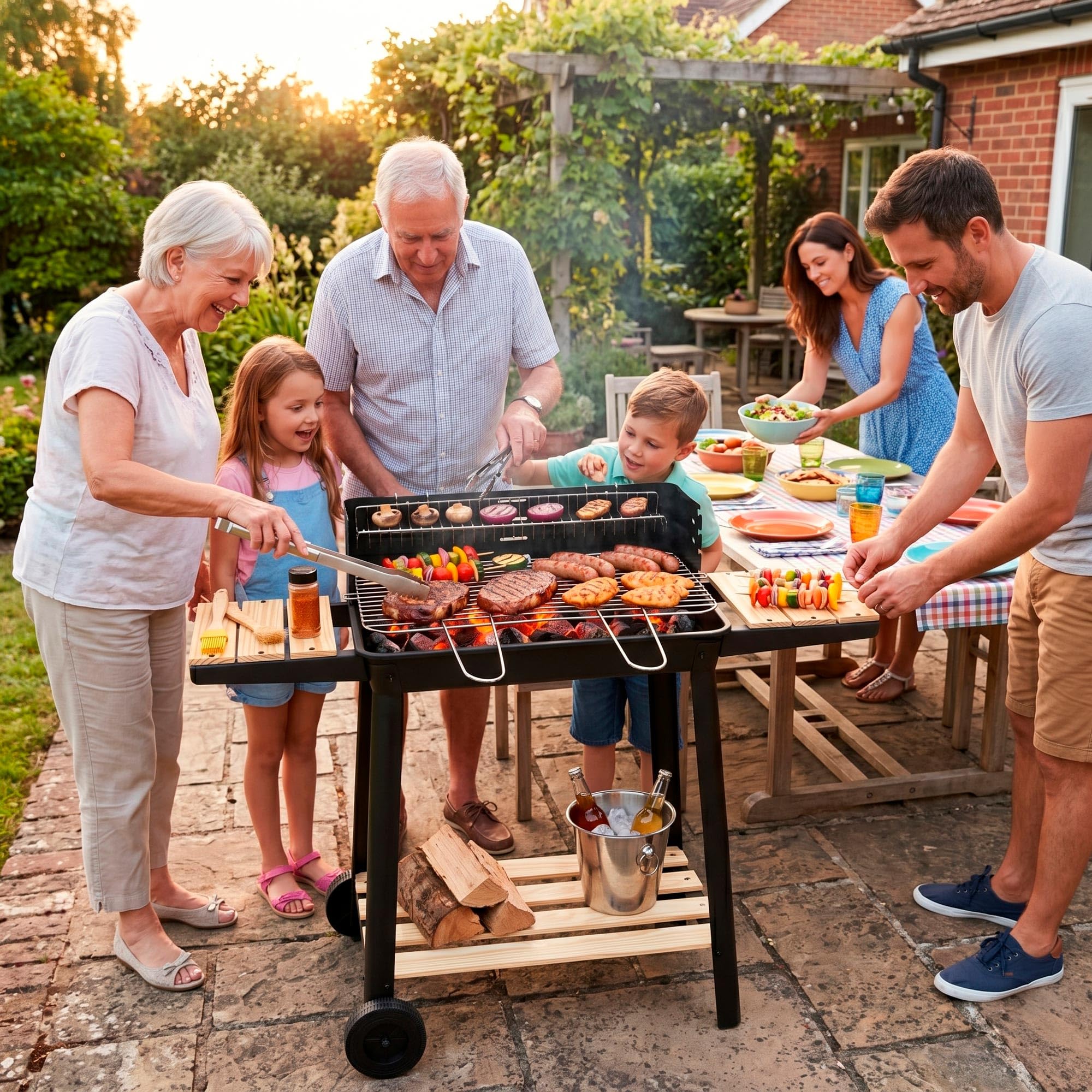 Grill na węgiel drzewny, na kółkach z obrotowym rożnem, ruszt do grillowania z regulacją wysokości, mobilny grill BBQ z rolkami, z półkami bocznymi, ruszt do podgrzewania, grill ogrodowy, na taras