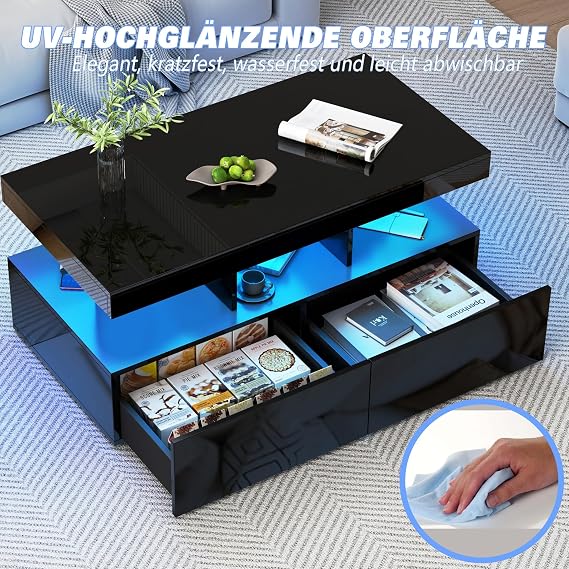 BRILVERDE High Gloss Coffee Table Living Room Table with 16-Colour LED and 2 Drawers Modern Sofa Table with Storage Space Side Table with 5 Shelves (Black 104 x 53 x 46 cm)