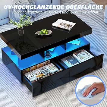 BRILVERDE High Gloss Coffee Table Living Room Table with 16-Colour LED and 2 Drawers Modern Sofa Table with Storage Space Side Table with 5 Shelves (Black 104 x 53 x 46 cm)
