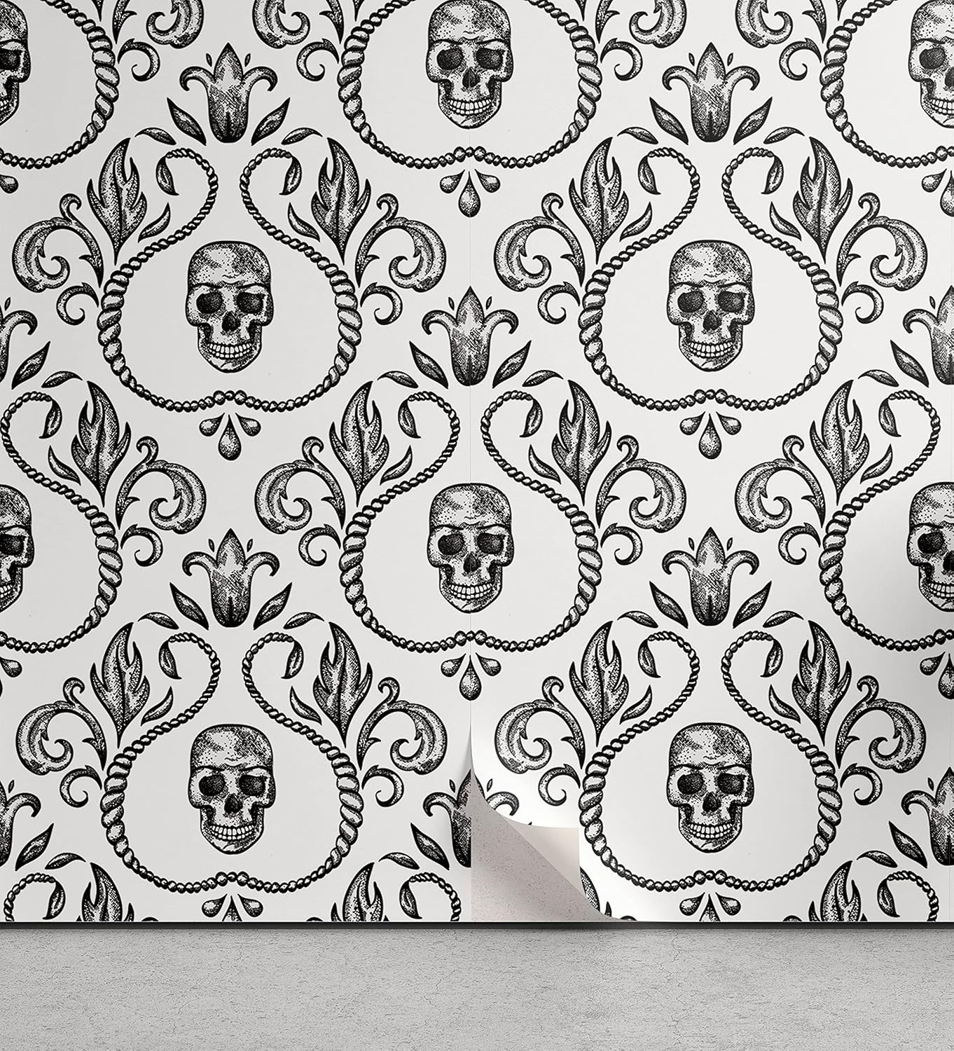 Lunarable Skull Peel & Stick Wallpaper for Home, Vintage Ornamental Skeleton Part Baroque Illustration Floral Arrangement, Self-Adhesive Living Room Kitchen Accent, 13 x 36, Dark Charcoal Black