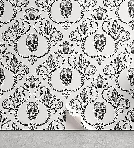 Papel pintado Lunarable de despegar y pegar para el hogar, ornamento vintage en estilo barroco con ilustración de parte de calavera y esqueleto,