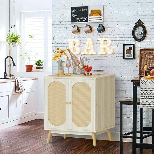 Miniatura 4 de Lamerge Aparador de ratán, armario de almacenamiento de 2 puertas con estantes ajustables, librero independiente, gabinete bohemio, mesa de consola