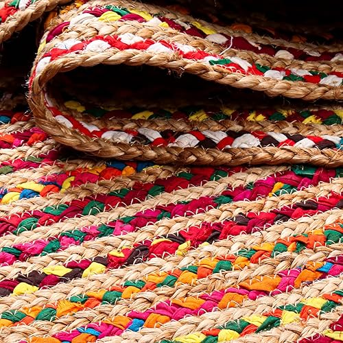 Miniatura 7 de Hausattire Alfombra trenzada bohemia redonda de 4 pies, multicolor, alfombra circular de yute de algodón para cocina, dormitorio de niños, sala de