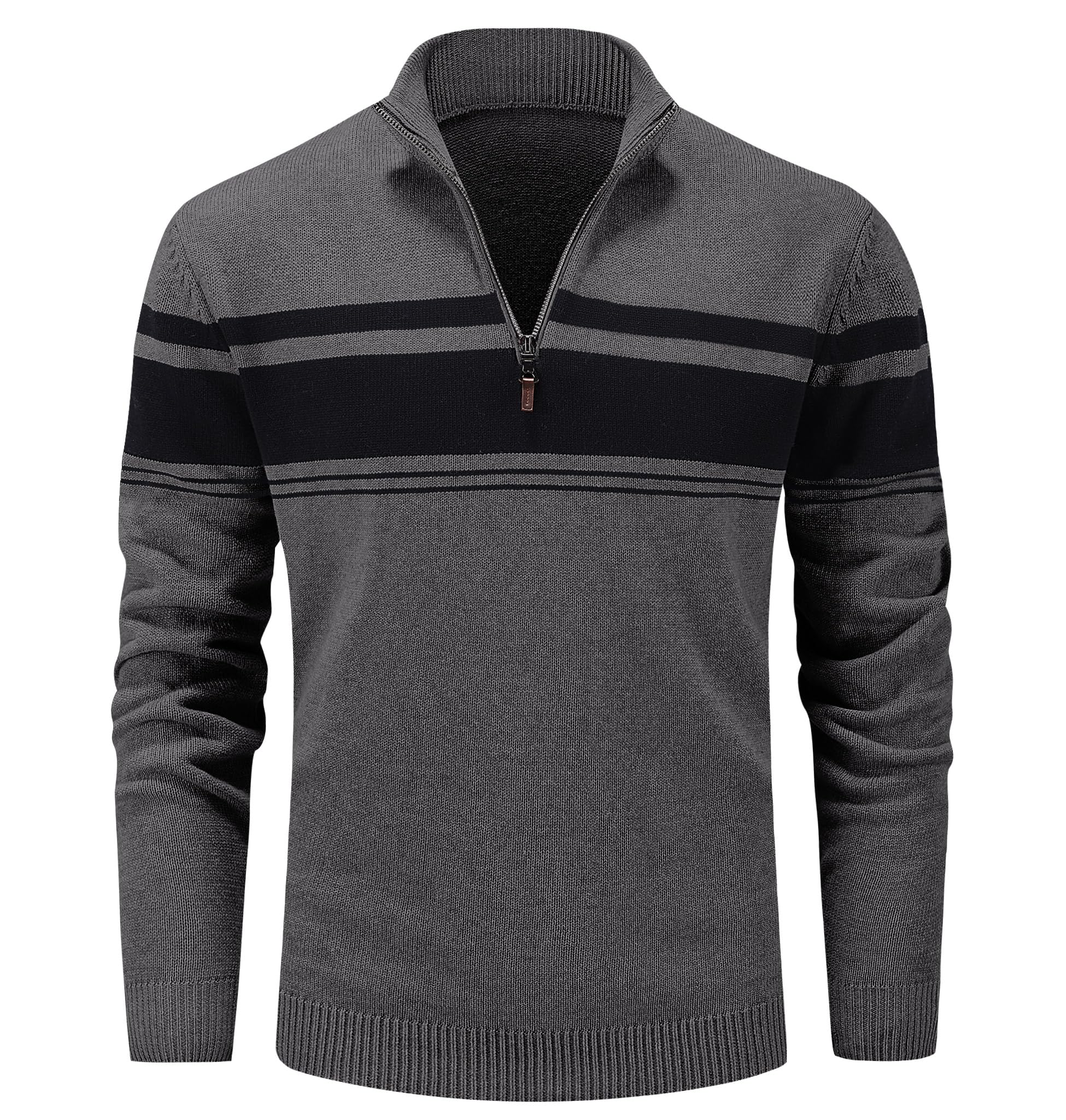 MAGCOMSEN Men's Sweaters 1/4 Zip Up Casual Striped Pullover Polo Sweaters Fall Winter Sweatshirts, Dark Grey, XXL
