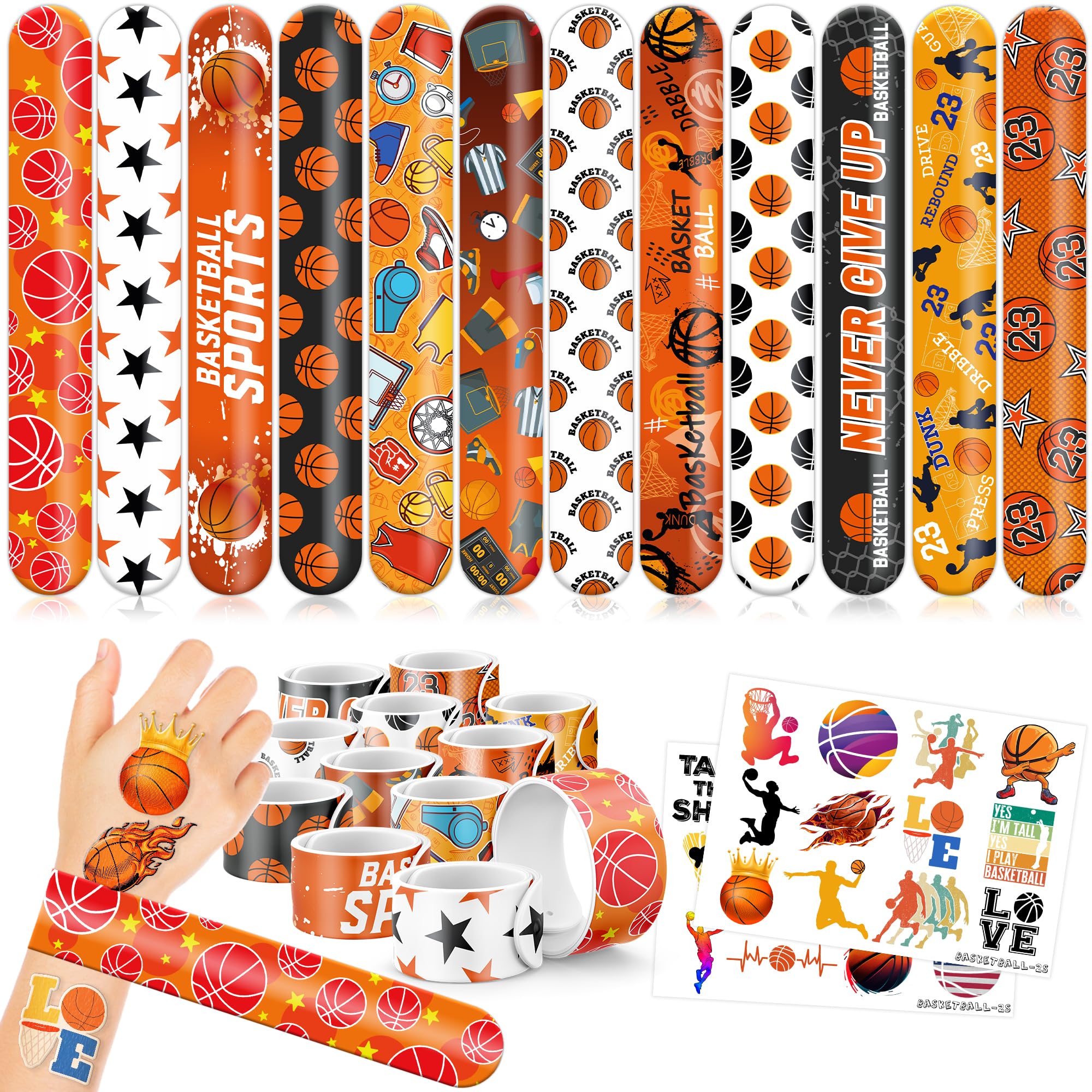 48PCS Basketball Party Favors - 24PCS Tattoos & 24PCS Slap Bracelets - Sport-Themed Birthday Supplies, Decorations, Gifts, Classroom Prizes, Carnival Rewards for Boys & Girls