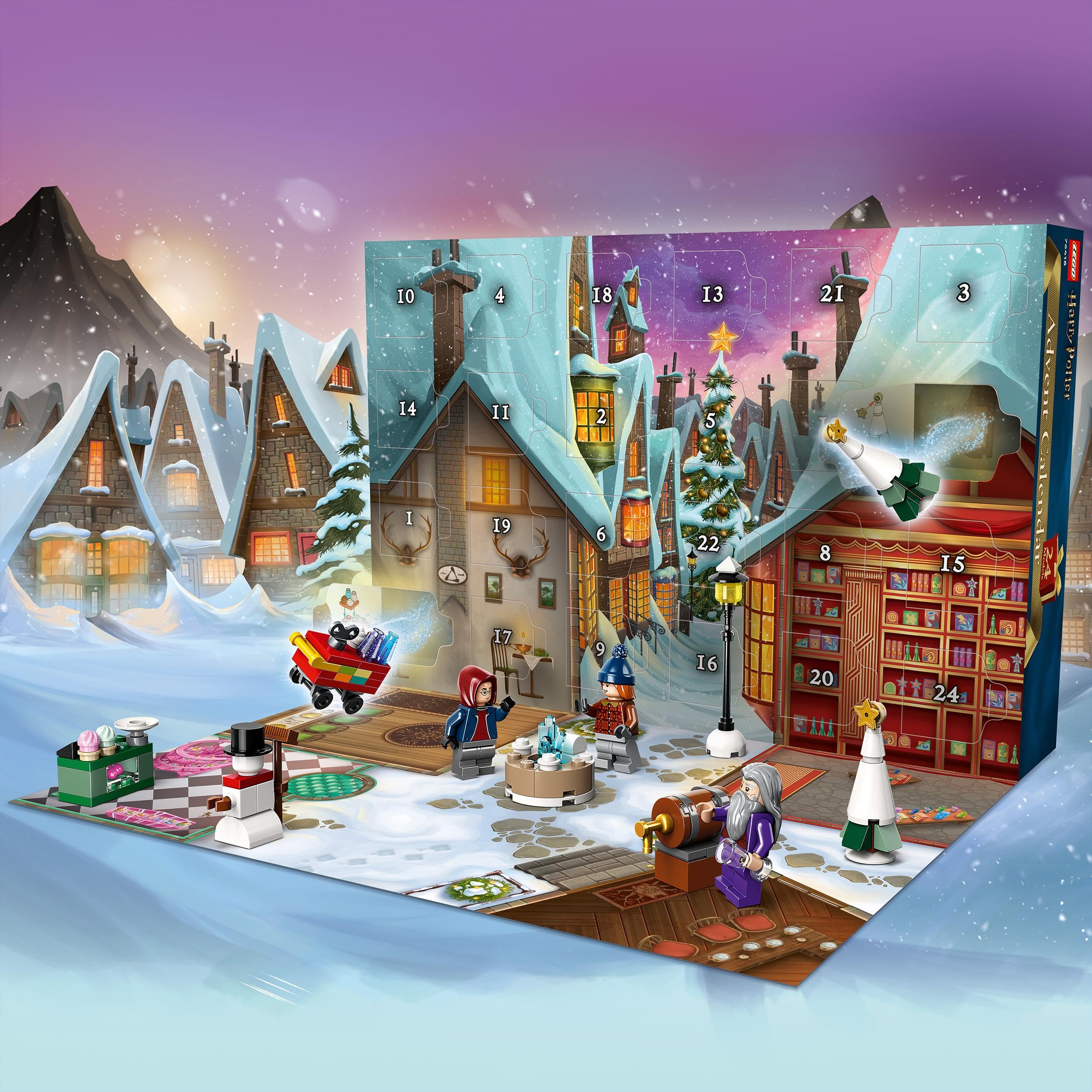 LEGO 76418 Harry Potter Kalendarz adwentowy 2023, 24 Niespodzianki w tym 18 Minimodeli z Wioski Hogsmeade i 6 Minifigurek, Prezent na Mikołaja dla Dzieci, Chłopca i Dziewczynki, Odliczanie do Świąt