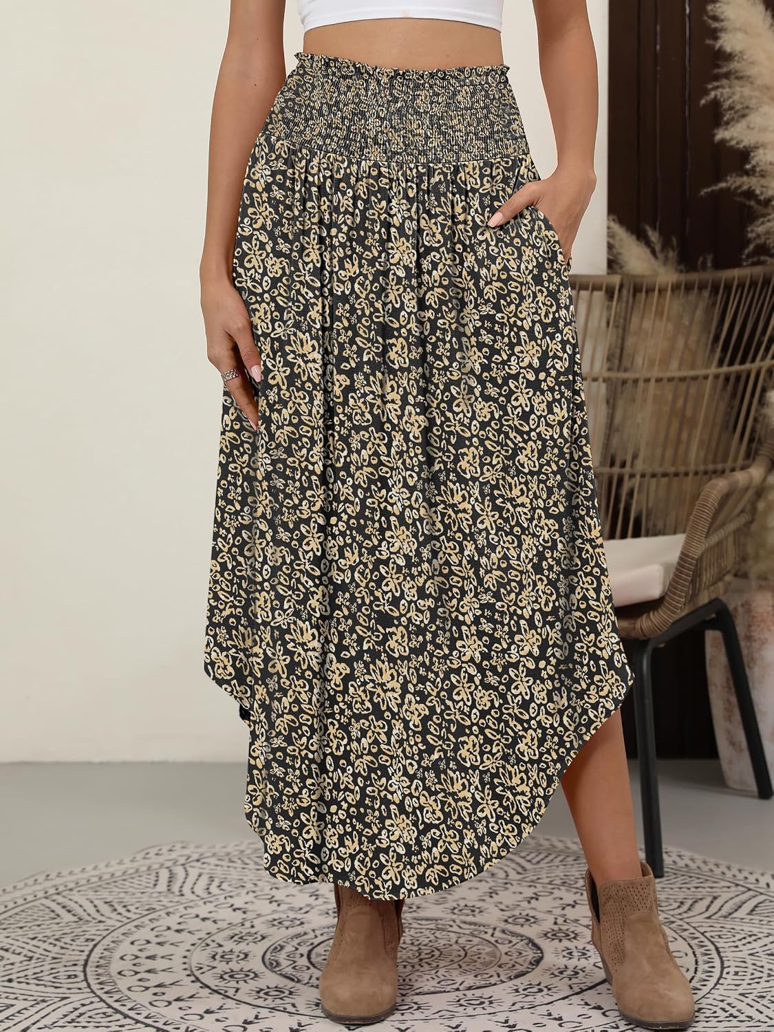 ANRABESS Women's Maxi Skirts Summer Boho Floral High Waisted Flowy Swing Pleated Beach Long Skirt with Pockets