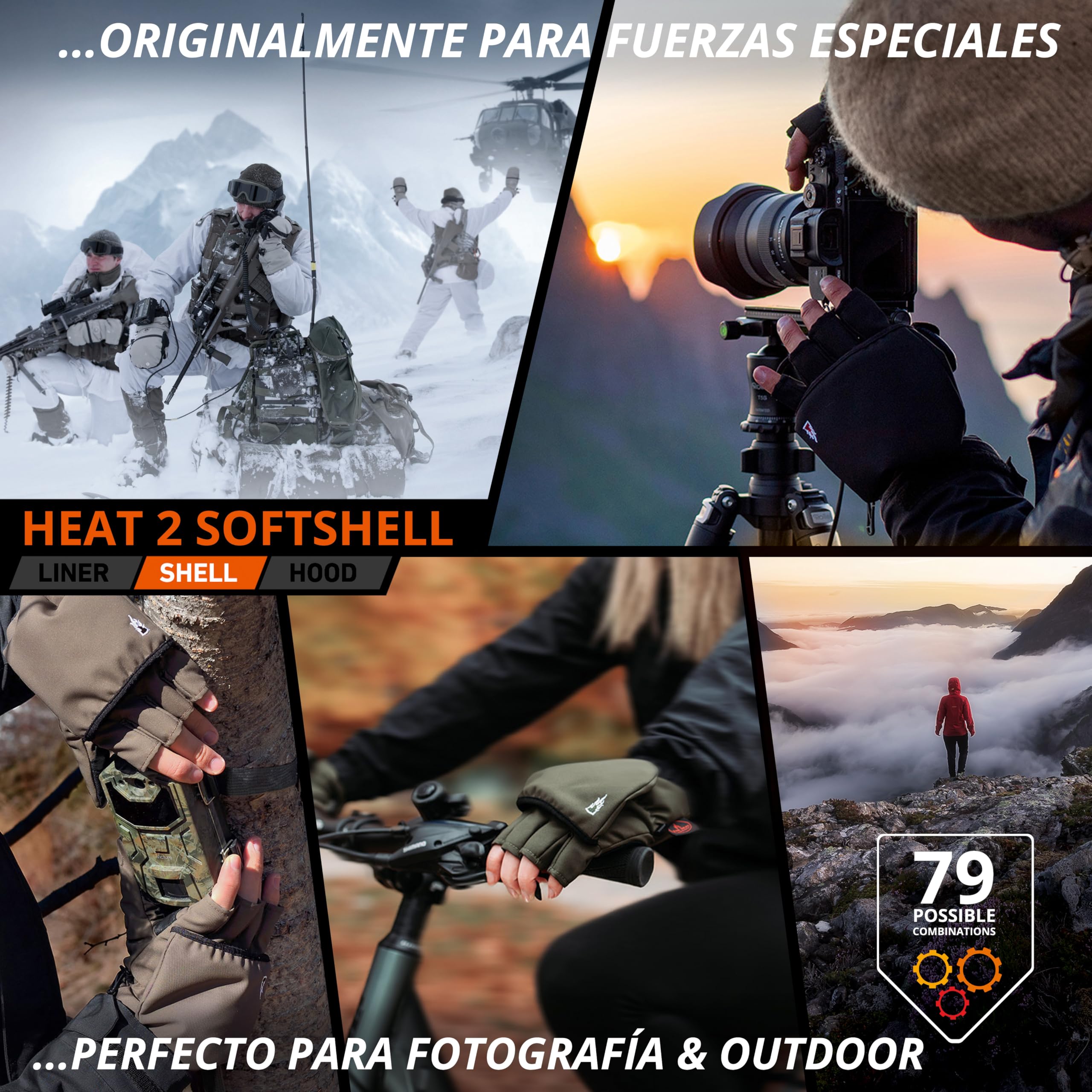 THE HEAT COMPANY - Heat 2 Softshell - Guantes sin Dedos y manopla en uno para Pantallas táctiles Guante cálido de Invierno - contra el frío en el Deporte y Trabajo - Unisex