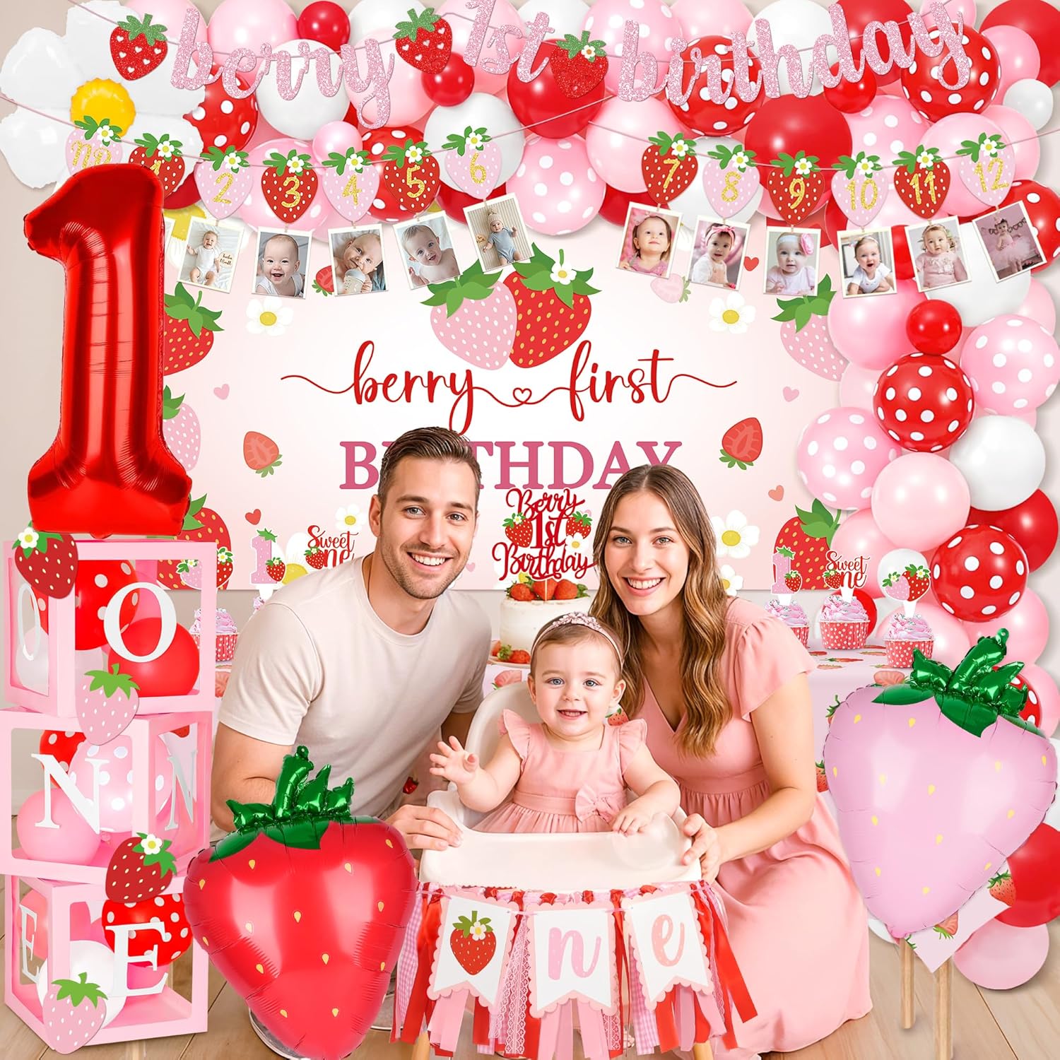 Kriyokiaa Berry First Birthday Decor Strawberry 1st Birthday Decorations for Girls with Pink Red Balloon Arch, Highchair Banner Strawberry Theme Backdrop, Photo Banner, Cake Topper