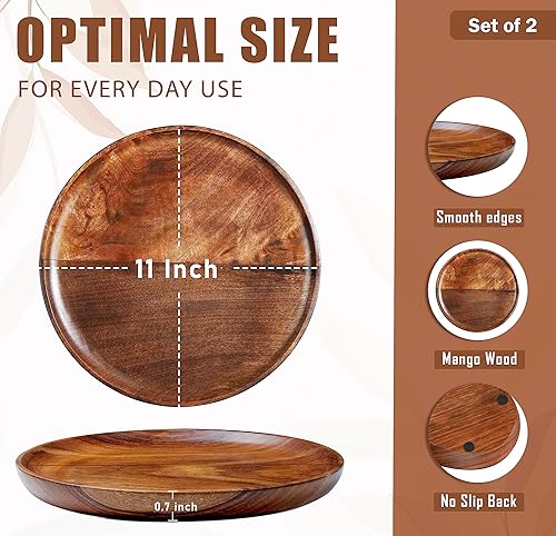 Miniatura 2 de Platos llanos de madera de mango, juego de 2 platos redondos para servir, bandeja para servir queso y café, platos de frutas para cena de fiesta,