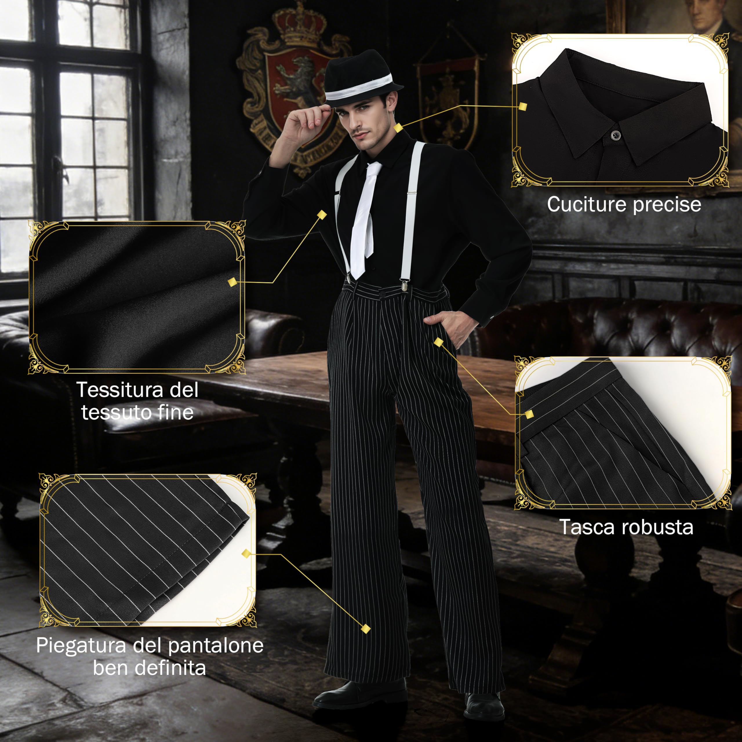 Charmofun Vestiti Anni 20 Uomo, Costume Gangster Uomo Anni ’20 con Camicia, Pantaloni, Bretelle e Cappello, Set di Accessori Mafia Vintage per Carnevale e Feste a Tema (Nero, L)
