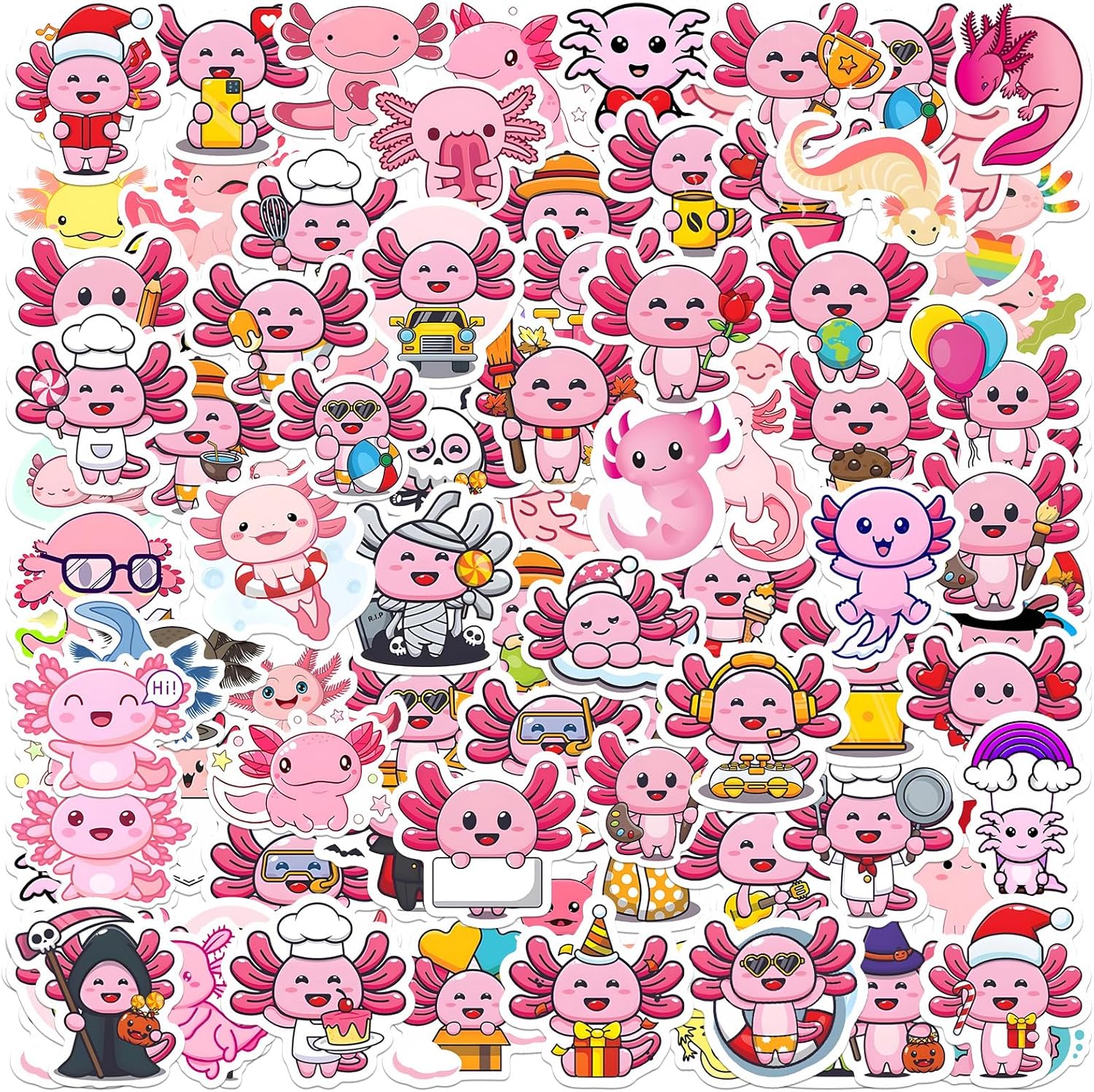 100Pcs Cute Pink Axolotl Stickers for Kids, Waterproof Vinyl Unique Axolotl Stickers for Water Bottle, Laptop, Phone, Cute Stuff, Axolotls Gifts, Axolotls Party Favors for Kids Girls Teens