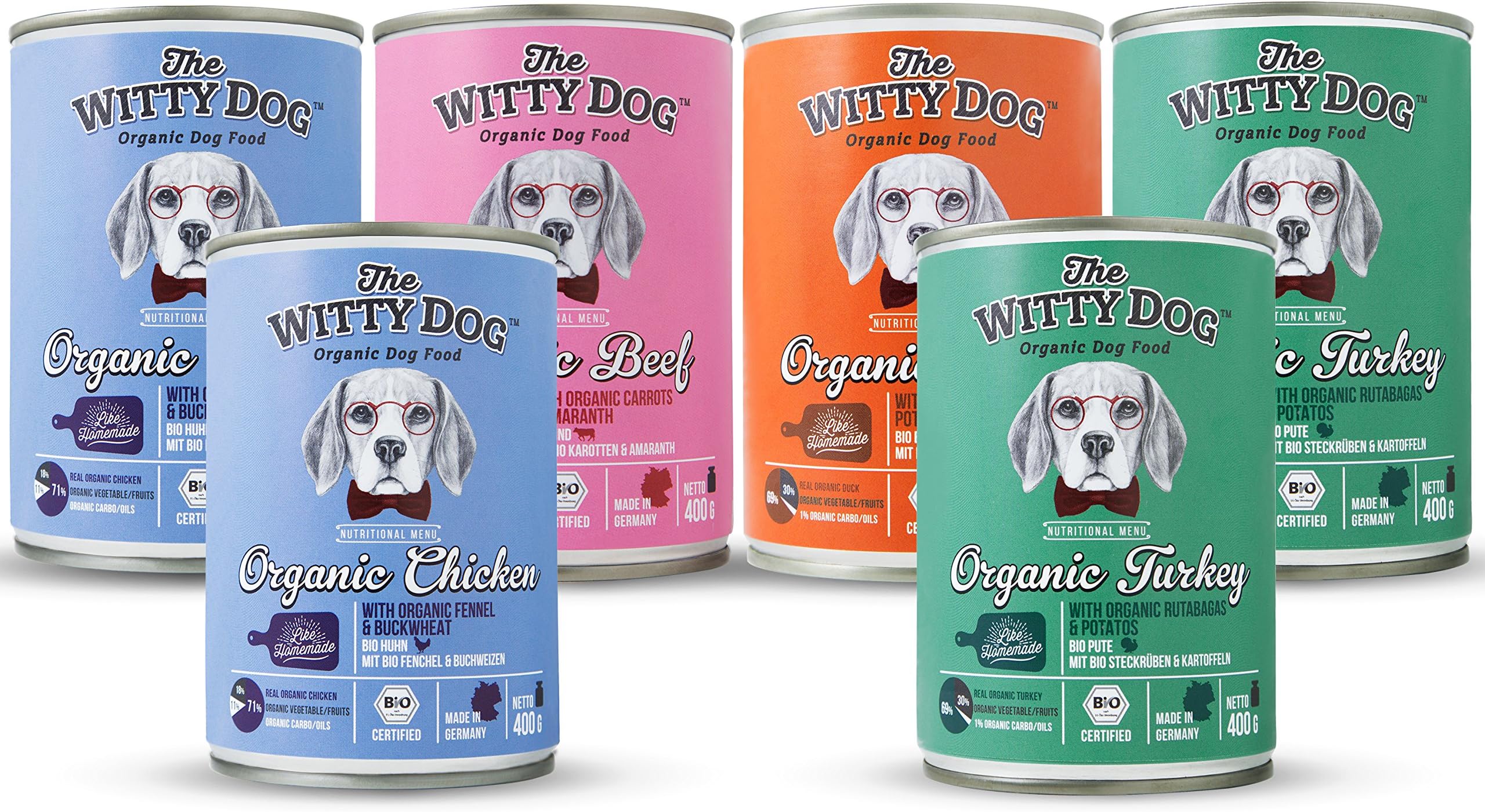 100 % Organic Wet Dog Food, Complete Menu: MIX Beef, Chicken, Turkey, Duck, Tins 6x400 Gr. (Puppy, Adult, Senior Dogs)