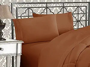 Elegant Comfort Luxurious 1500 Premium Hotel Quality Microfiber Three Line Embroidered Softest 4-Piece Bed Sheet Set, Wrinkle and Fade Resistant, California King, Bronze