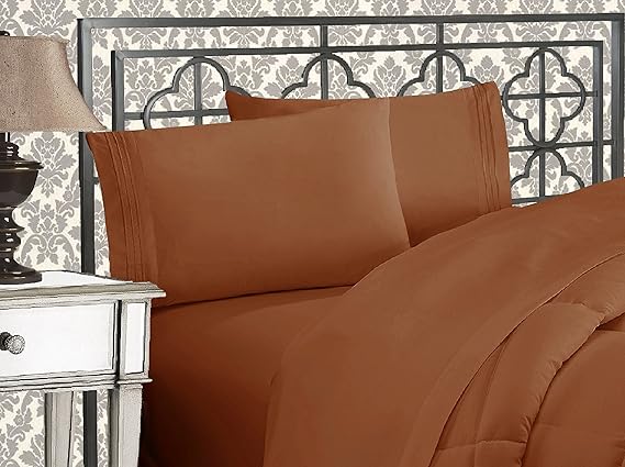 Elegant Comfort Luxurious 1500 Premium Hotel Quality Microfiber Three Line Embroidered Softest 4-Piece Bed Sheet Set, Wrinkle and Fade Resistant, California King, Bronze