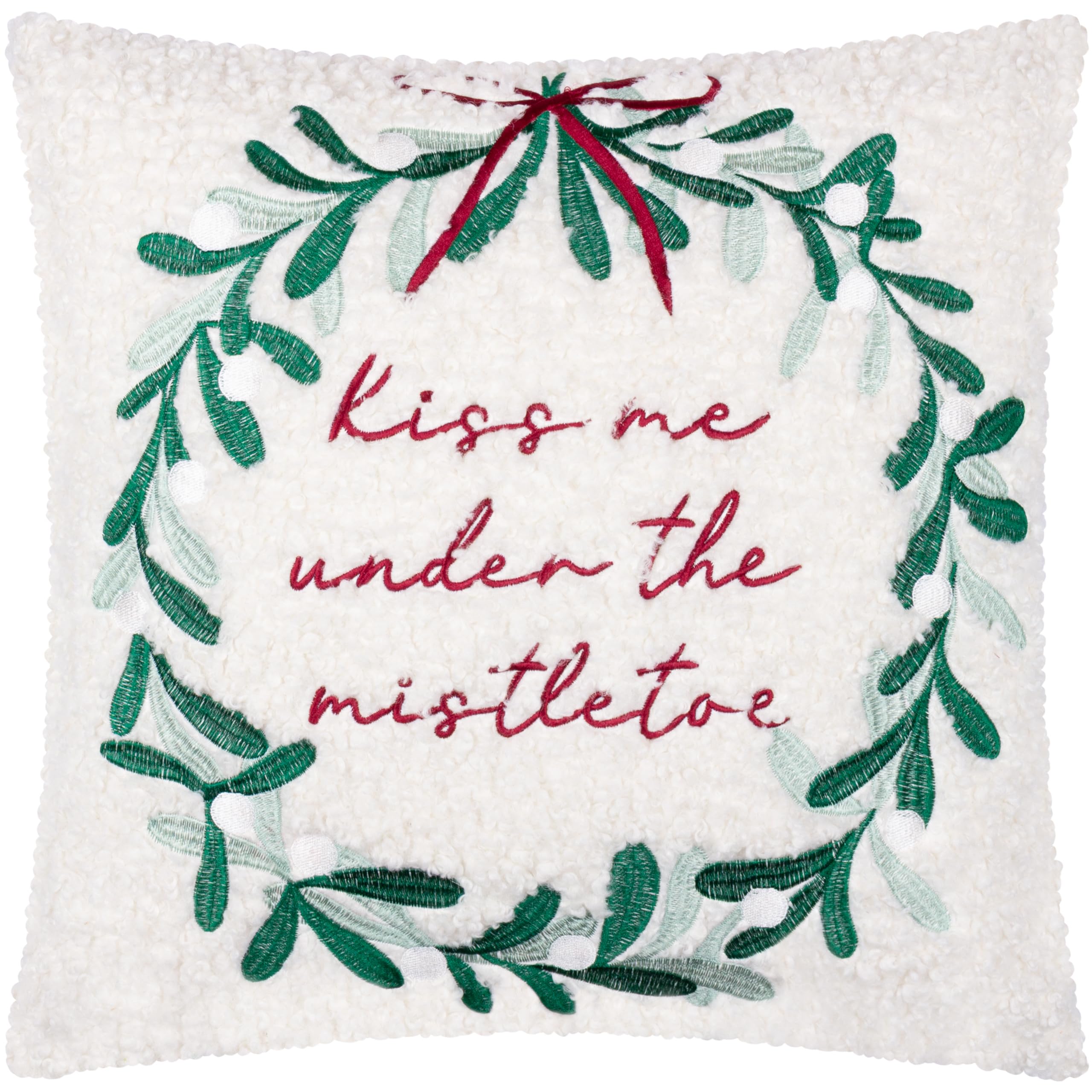 furn. Mistletoe Wreath Feather Filled Cushion – Bouclé Embroidered Christmas Mistletoe Pillow with Velvet Reverse (Multicolour - 45x45cm)