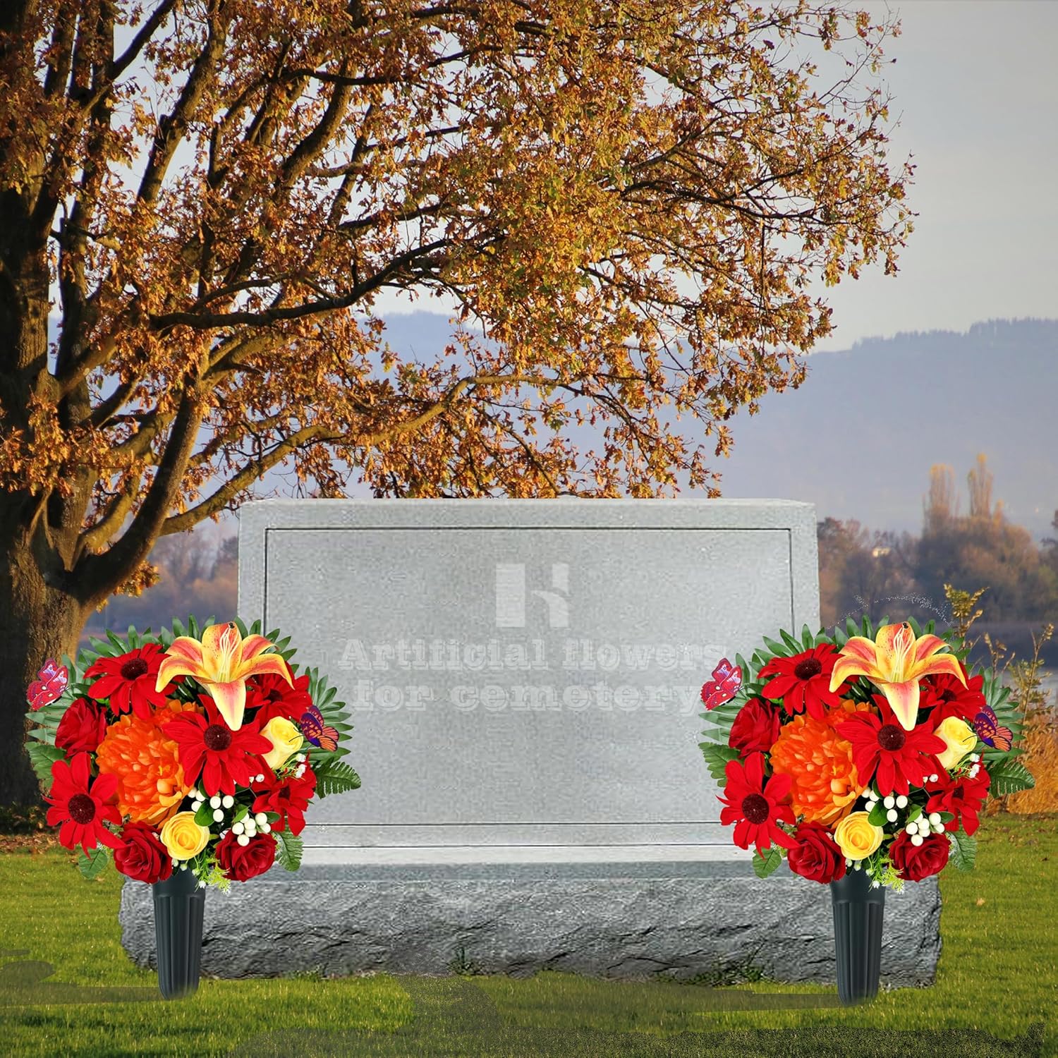 Handmade Cemetery Flowers with Grave Vase for Tombstone Decoration-Funeral/Memorial Flower, Graveside Flowers of Artificial Rose Sunflower Lily Berry,Non-Bleed Color