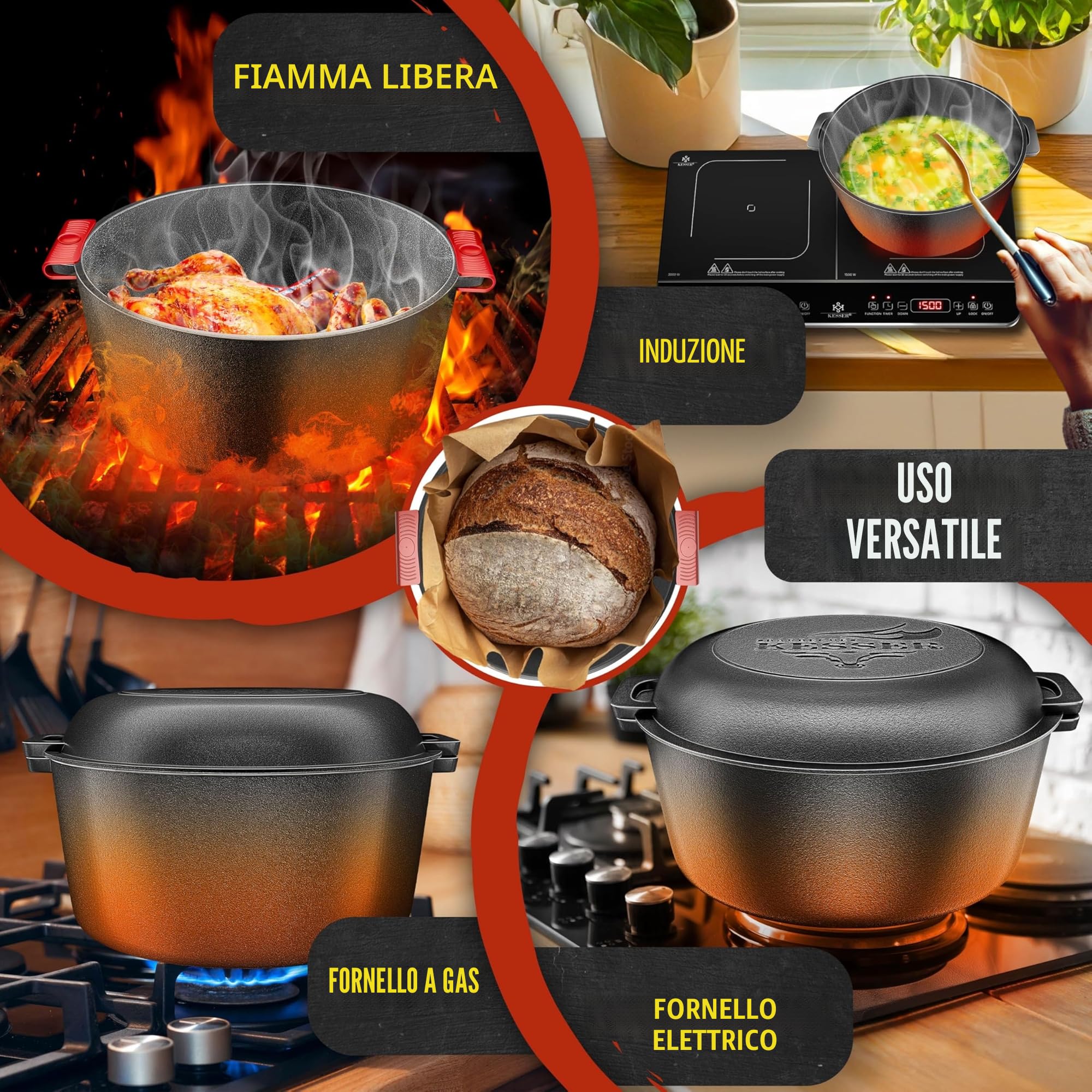 KESSER® Forno Olandese pentola in ghisa 2in1 da 4,8 l e padella da 1,8 l pronta per l'uso incl. Ricettario Casseruola Coperchio/padella a doppia funzione