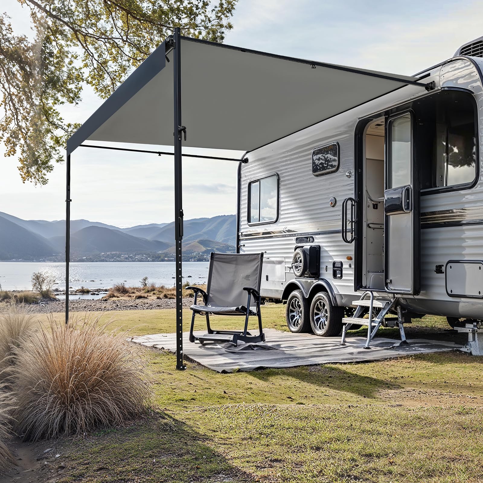 VEVOR Wohnwagen Markise universelle einziehbar RV Markisen (487,7 cm) wasserdichter Sonnenschutz mit Aluminiumlegierungsrahmen, Außenmarkise mit schwarzem Ständer & schwarzen Stoffen mit Farbverlauf